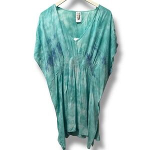 BECCA Teal Tie Dye V Neck Boho Beach Cover Up Kaftan Tunic Women's M/L Swim NWT
